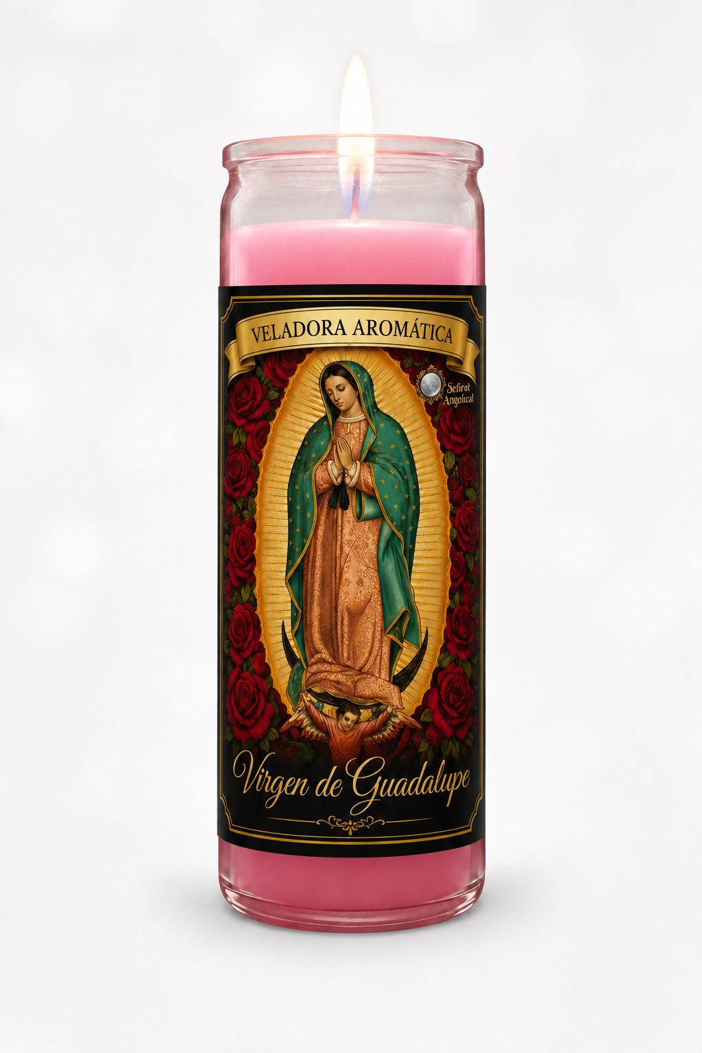 Veladora Aromática Virgen de Guadalupe cera rosa con etiqueta devocional