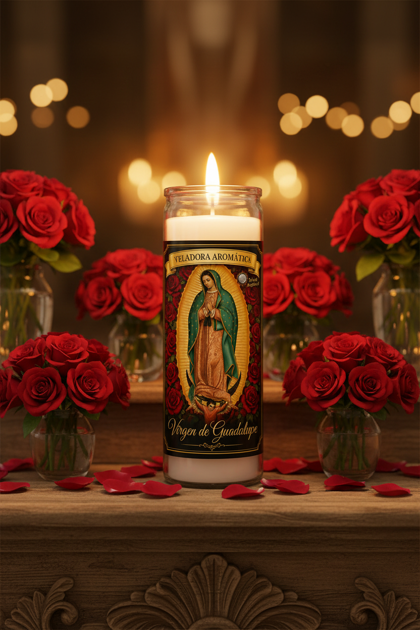 Veladora Virgen de Guadalupe - Altar con Rosas