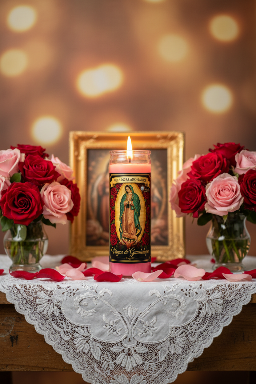 Veladora Virgen de Guadalupe Rosa - Altar en Casa