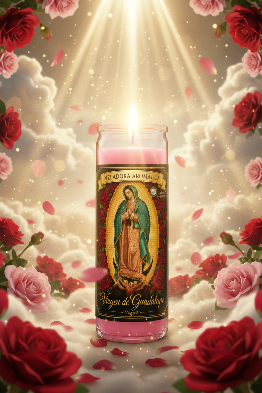 Veladora Virgen de Guadalupe Rosa - Celestial con Rosas